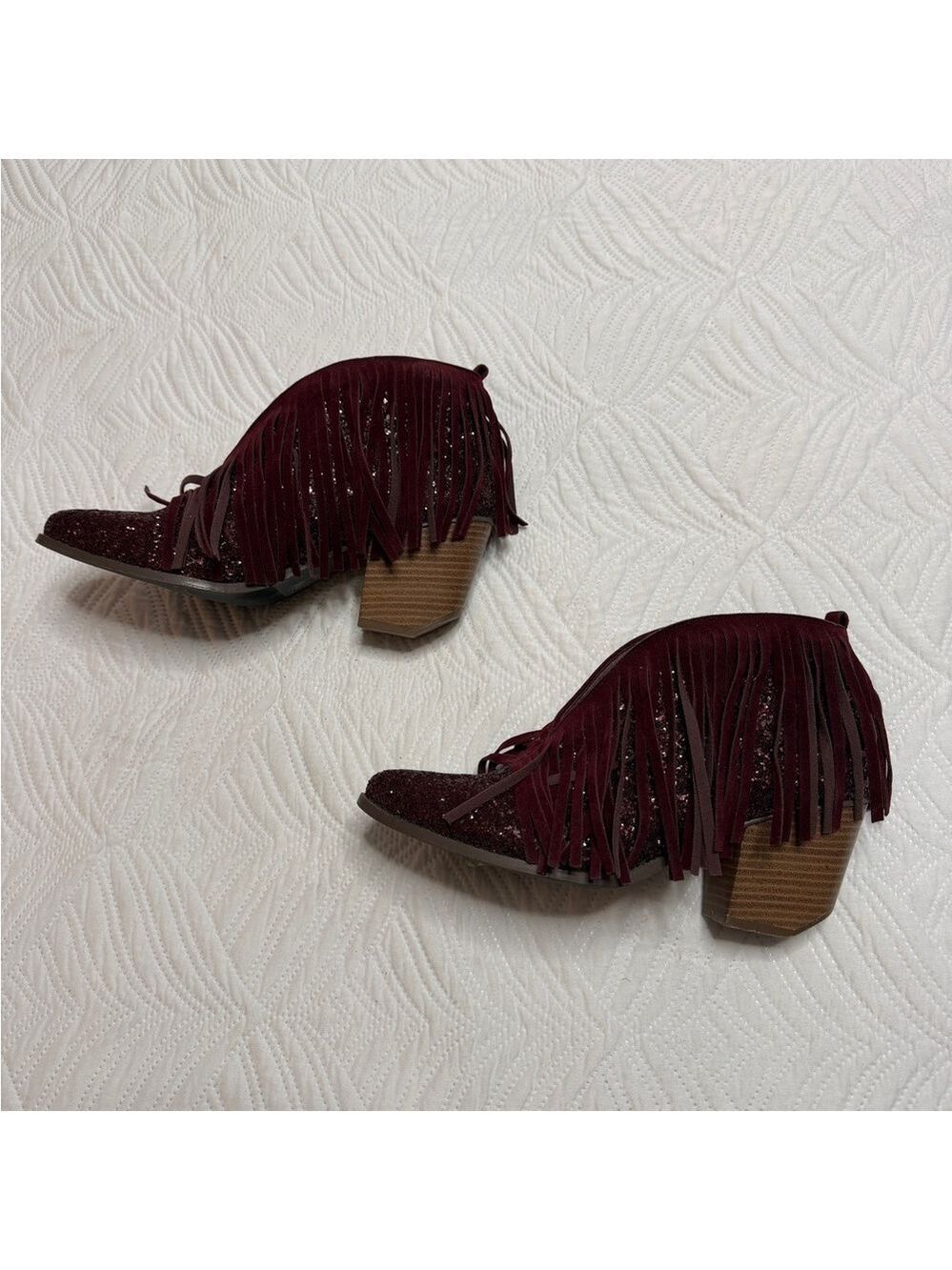 Wild G Women’s Maroon Glitter Fringe Ankle Boots. Size 9 - Picture 3 of 9
